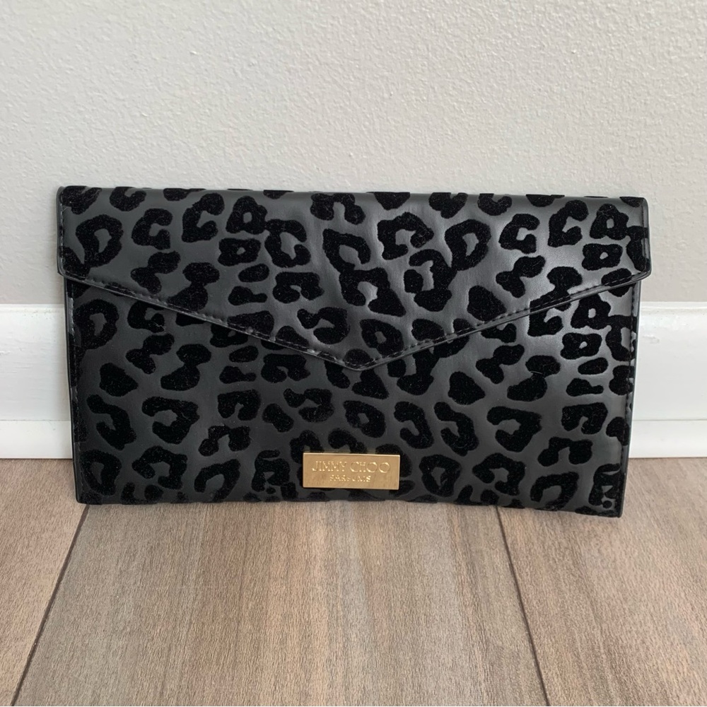 NWOT Jimmy Choo parfums velvet leopard envelope clutch bag black